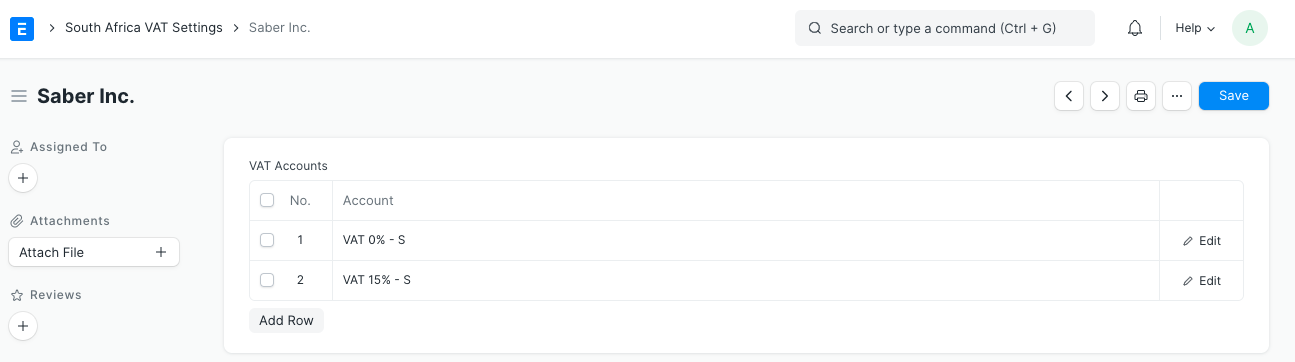 South Africa VAT Account Settings