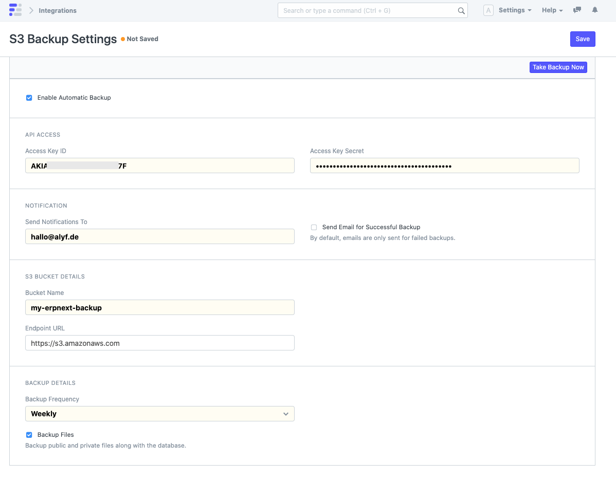 S3 Backup Settings in Invizion Accounting